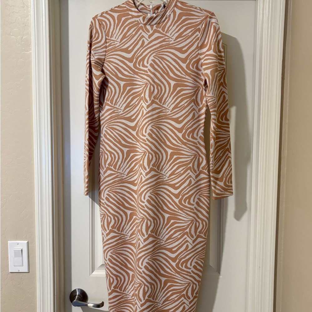 Ted Baker Camel & White Zebra Print Bodycon Midi Dress - mock neck stretch kni